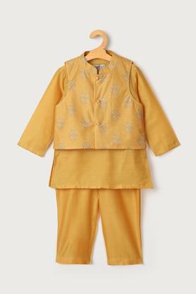 solid-blended-mandarin-girl's-kurta-pyjama-jacket-set---yellow