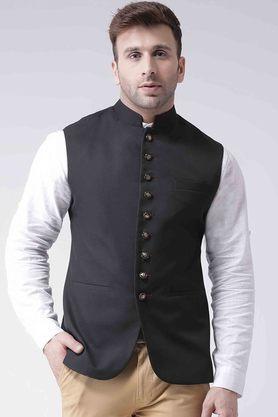 solid blended regular fit men's occasion wear nehru jacket - black