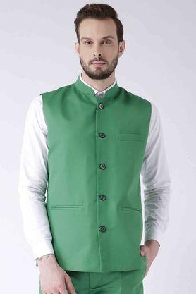 solid blended regular fit men's occasion wear nehru jacket - green
