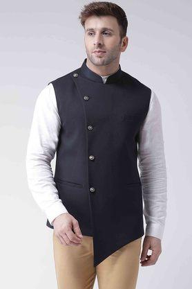 solid blended regular fit men's occasion wear nehru jacket - navy