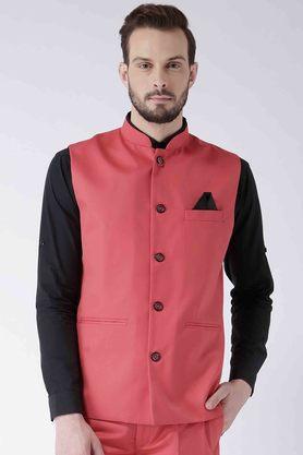 solid blended regular fit men's occasion wear nehru jacket - red