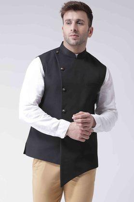 solid blended regular fit mens occasion wear nehru jacket - black