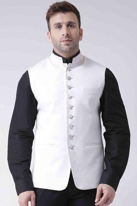 solid blended regular fit mens occasion wear nehru jacket - white