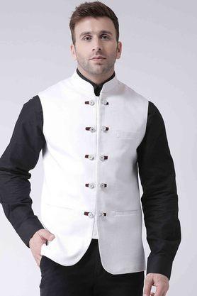 solid blended regular fit mens occasion wear nehru jacket - white
