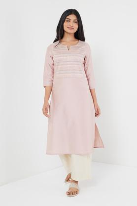 solid blended round neck women's kurti - light pink