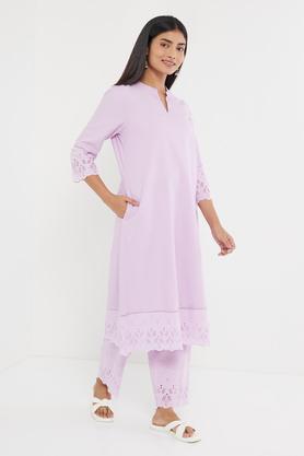 solid blended round neck women's kurti - lilac
