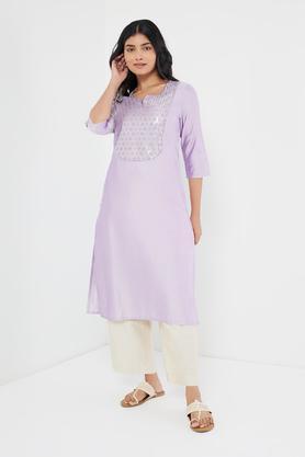 solid blended round neck women's kurti - lilac