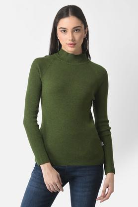 solid blended round neck women's sweater - green