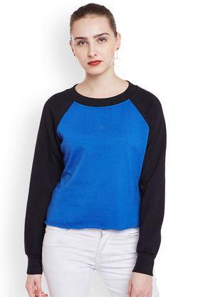 solid blended round neck women's sweatshirt - blue
