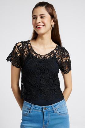 solid blended round neck women's top - black