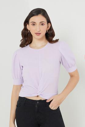 solid blended round neck women's top - lilac