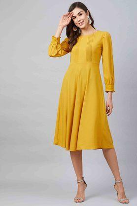 solid boat neck polyester women's fit and flare dress - yellow