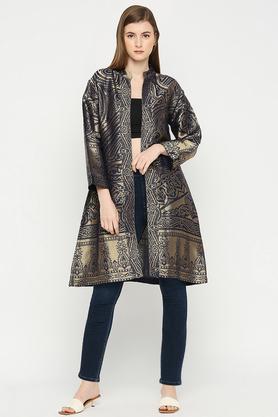 solid brocade relaxed fit women's casual jacket - navy