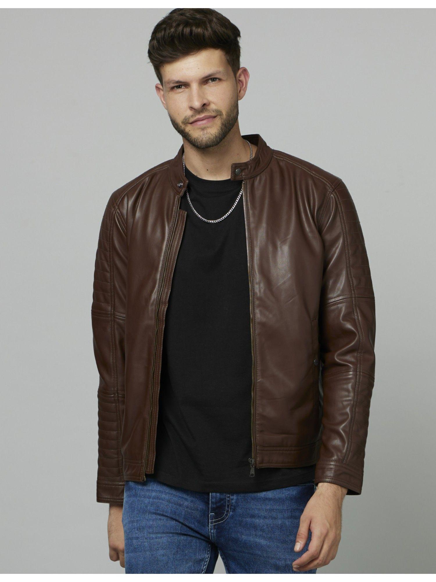 solid brown long sleeves pu jacket