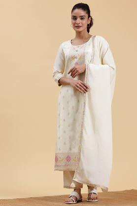 solid calf length silk woven women's kurta set - off white