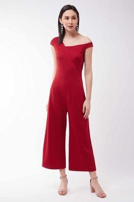 solid cap sleeves premium polyknit women's cropped length jumpsuits - red
