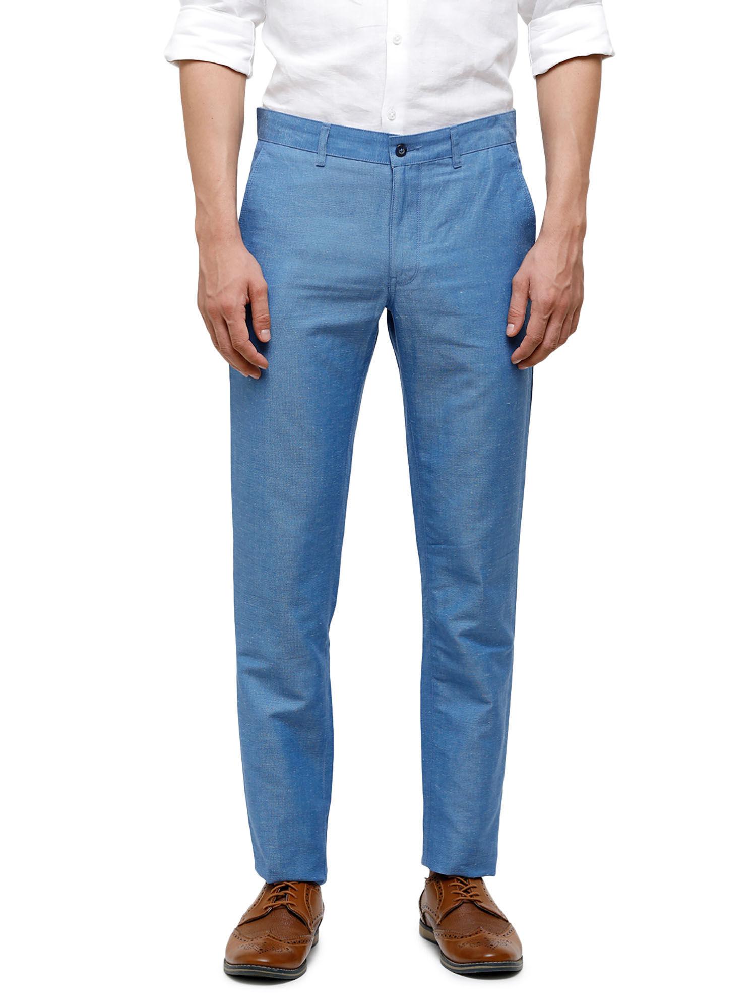 solid casual mid rise blue trouser for men
