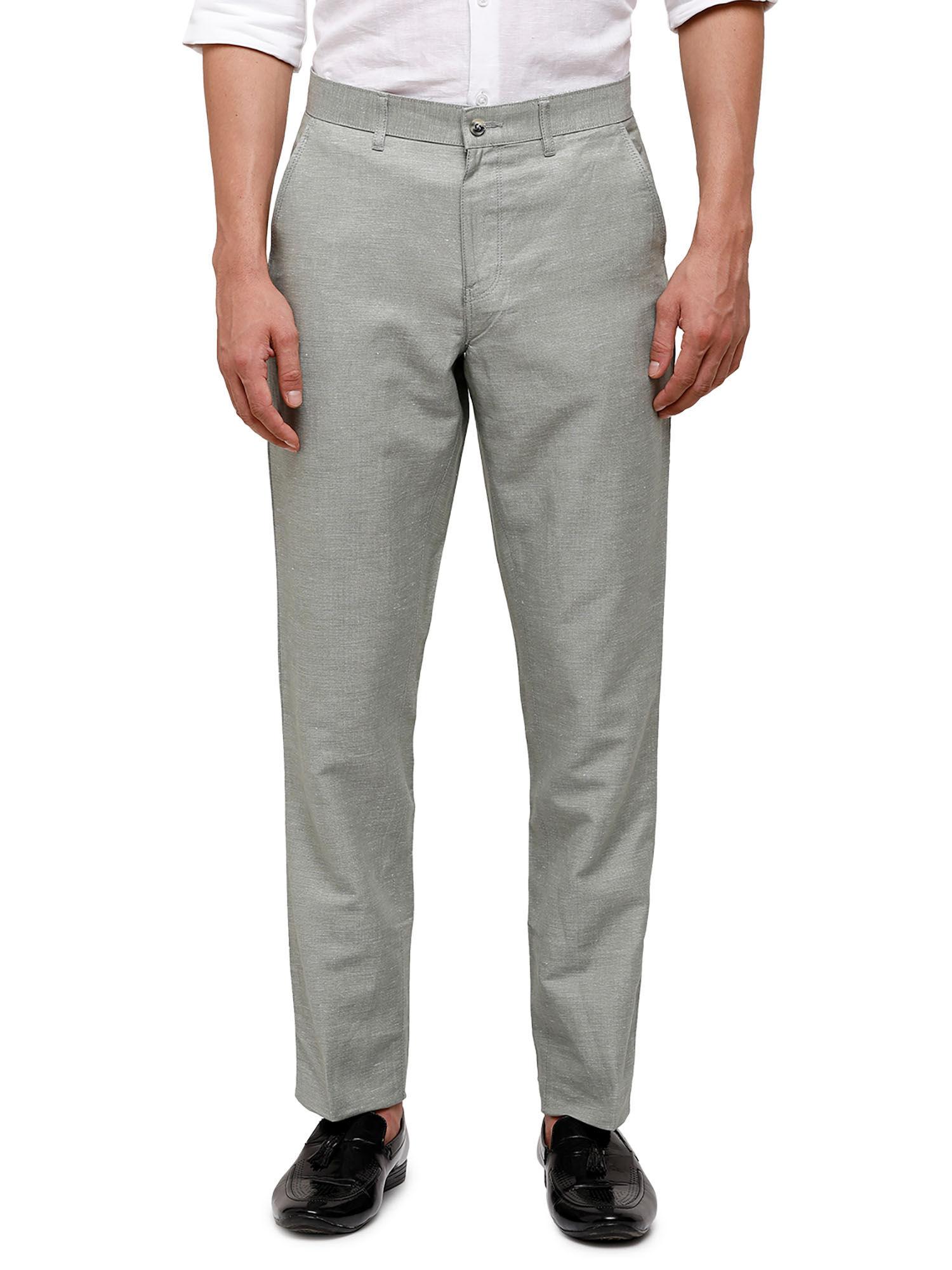 solid casual mid rise grey trouser for men