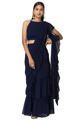 solid chiffon regular fit women's pre draped saree - navy