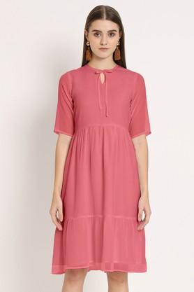 solid chiffon round neck women's knee length dress - pink