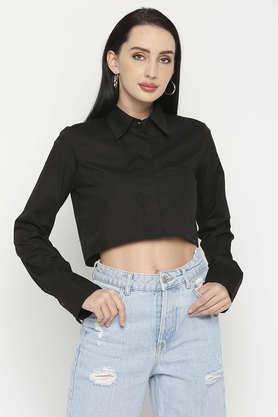 solid collar neck cotton women's casual wear shirt - black