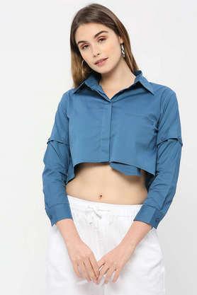 solid collar neck cotton women's casual wear shirt - blue
