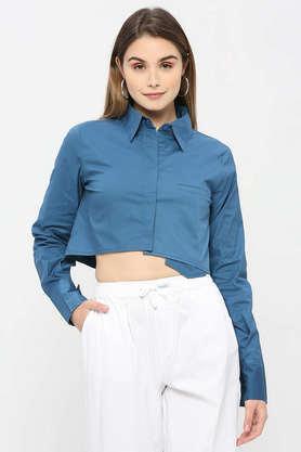solid collar neck cotton women's casual wear shirt - blue