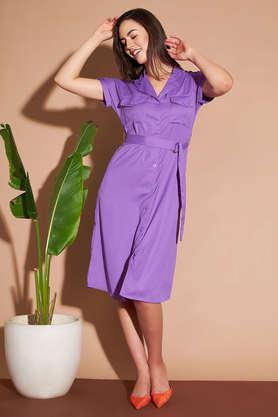 solid-collar-neck-crepe-women's-midi-dress---purple