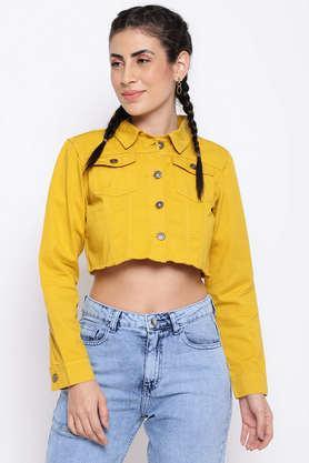 solid collar neck denim women's casual wear jacket - mustard