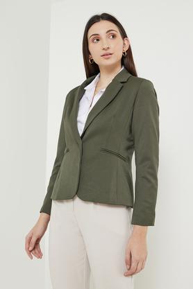 solid collar neck polyester blend women's formal wear blazer - olive