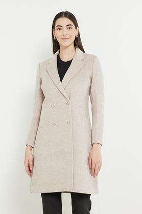 solid collar neck polyester women's coat - walnut