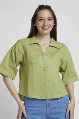 solid collar neck viscose women's casual wear shirt - green