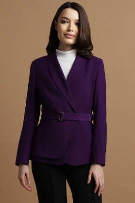 solid collared blended fabric women's formal wear blazer - purple