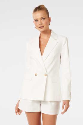 solid collared blended fabric women's formal wear blazer - white