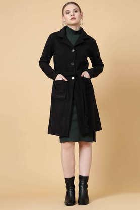 solid collared cotton women's casual wear coat - black