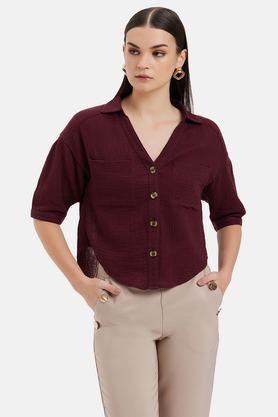 solid collared cotton women's casual wear shirt - wine