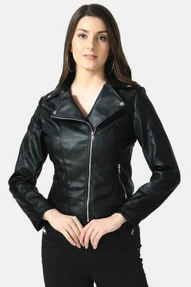 solid collared leather women's winter wear jacket - black