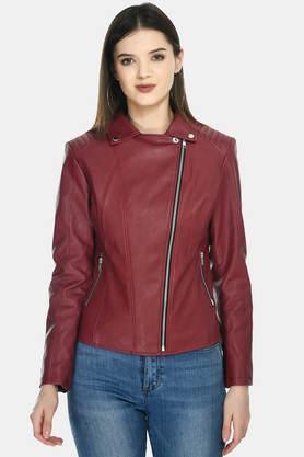 solid collared leather women's winter wear jacket - cherry
