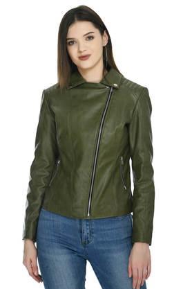 solid collared leather women's winter wear jacket - green