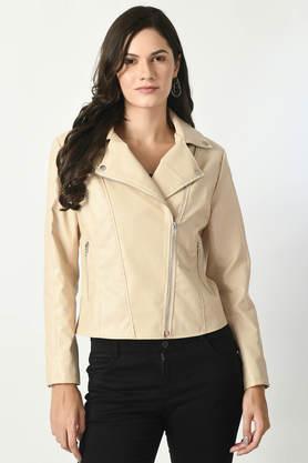 solid collared leather women's winter wear jacket - natural