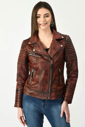 solid collared leather women's winter wear jacket - tan