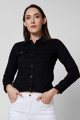 solid collared lycra women's casual wear jacket - black