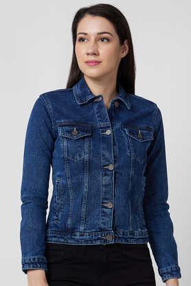 solid collared lycra women's casual wear jacket - dark blue