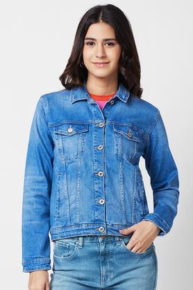 solid collared lycra women's casual wear jacket - mid blue