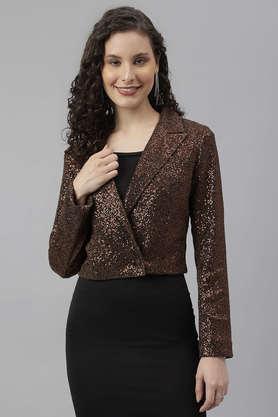 solid collared polyester women's casual wear coat - copper