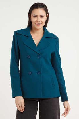 solid collared polyester women's casual wear coat - teal
