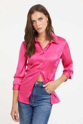 solid collared polyester women's casual wear shirt - candy