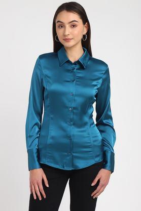 solid collared polyester women's casual wear shirt - coral blue