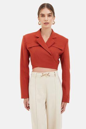 solid collared polyester women's formal wear blazer - rust