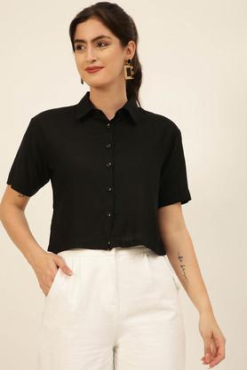 solid collared rayon women's casual wear shirt - black